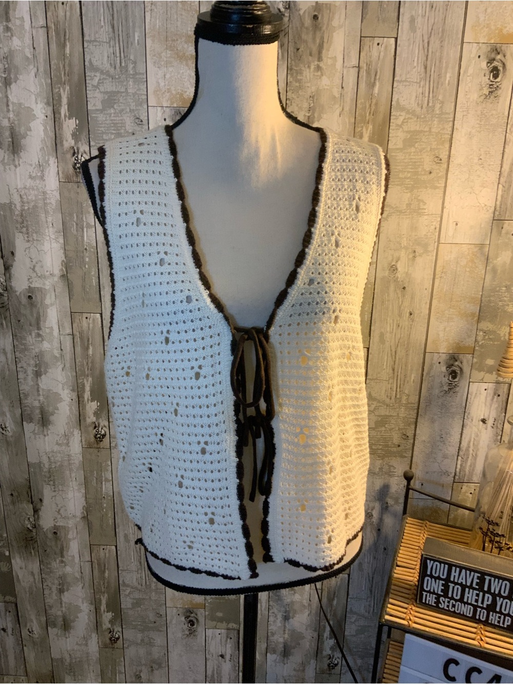 Madden Girl White Crochet Vest with Brown Trim